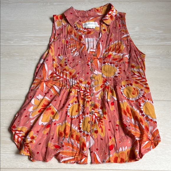 Anthropologie Pink Pleated Notched Collar Blouse - Picture 2 of 7